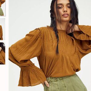 Free People Kelsey Blouse Crinkled Long Bell Sleeve High Neck White Size Small